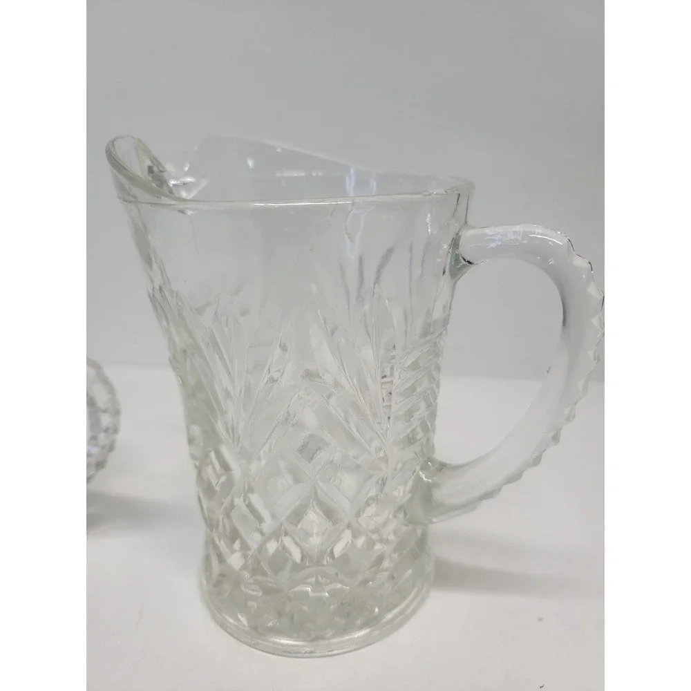 Vintage Clear Pressed Glass Creamer and‎ Lidded Sugar Bowl Set Sunburst Diamond